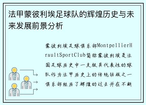 法甲蒙彼利埃足球队的辉煌历史与未来发展前景分析