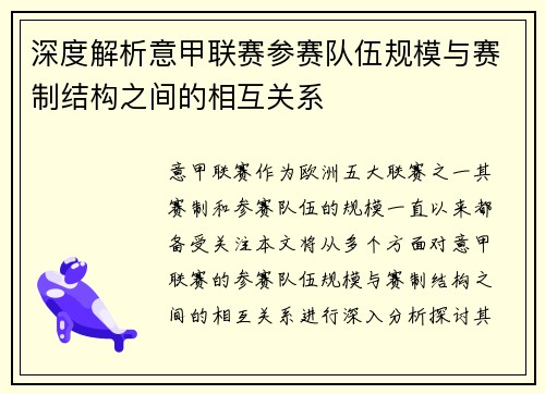 深度解析意甲联赛参赛队伍规模与赛制结构之间的相互关系