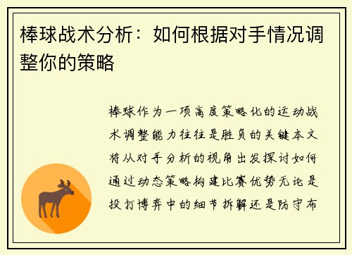 棒球战术分析：如何根据对手情况调整你的策略
