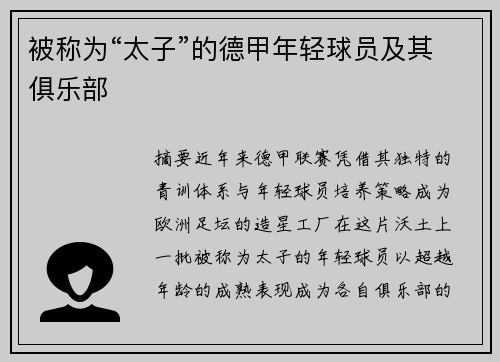 被称为“太子”的德甲年轻球员及其俱乐部