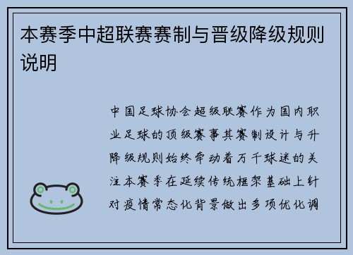 本赛季中超联赛赛制与晋级降级规则说明
